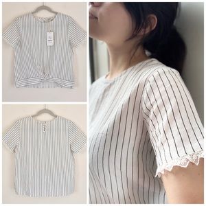 NWT We Are Garcia Pin Stripe Lace Sleeve Scrunch Top